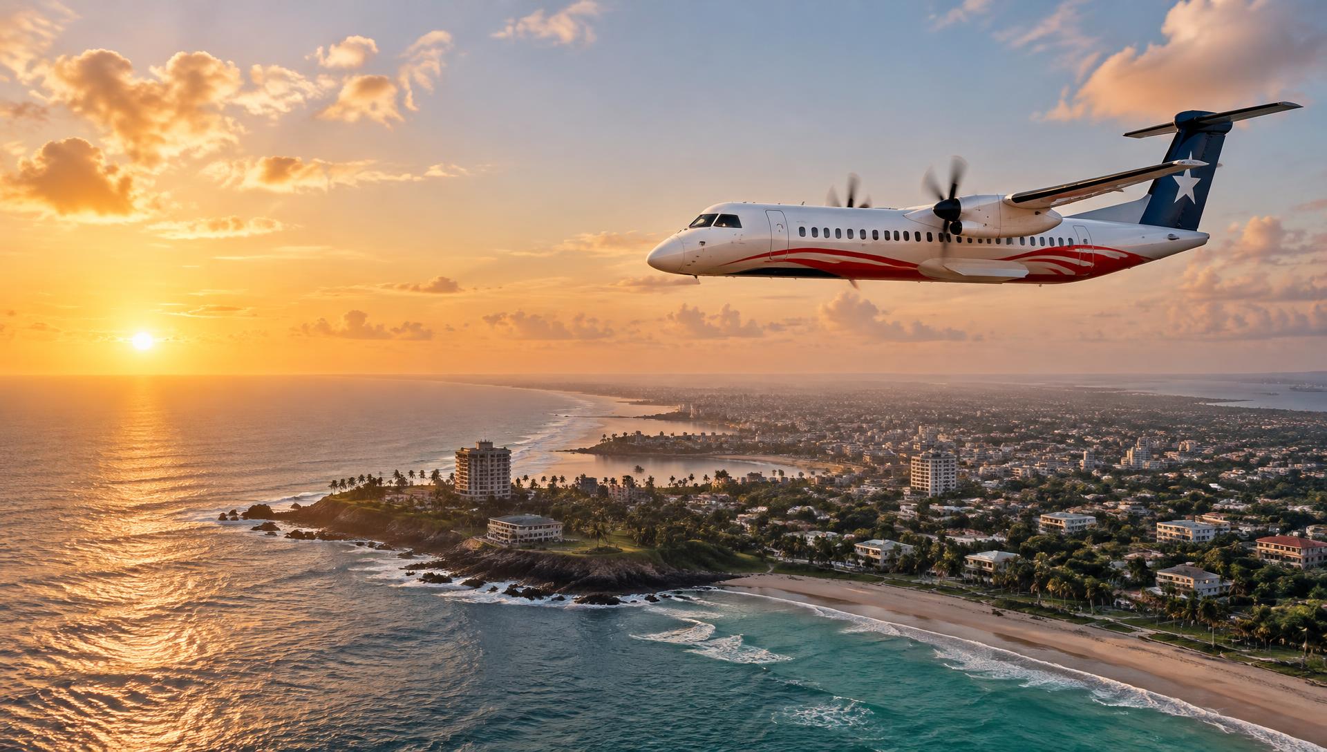 A Mano Air turboprop in white, red and navy livery flying over the Monrovia coastline at sunset
