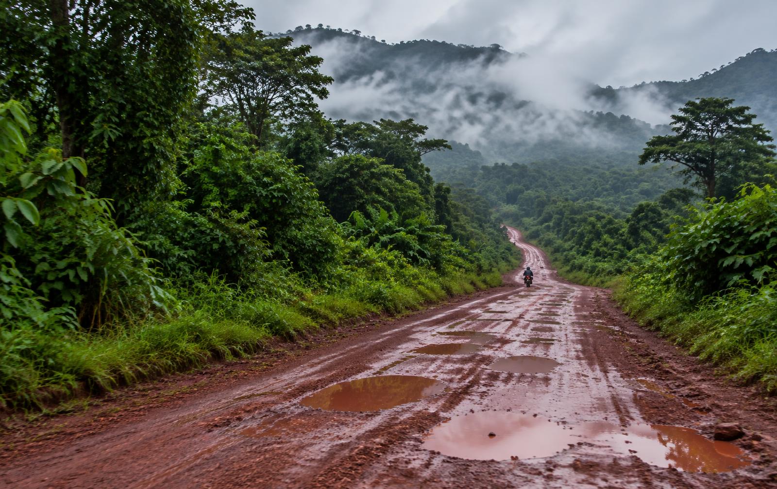 A muddy laterite road through dense Liberian rainforest in the rainy season